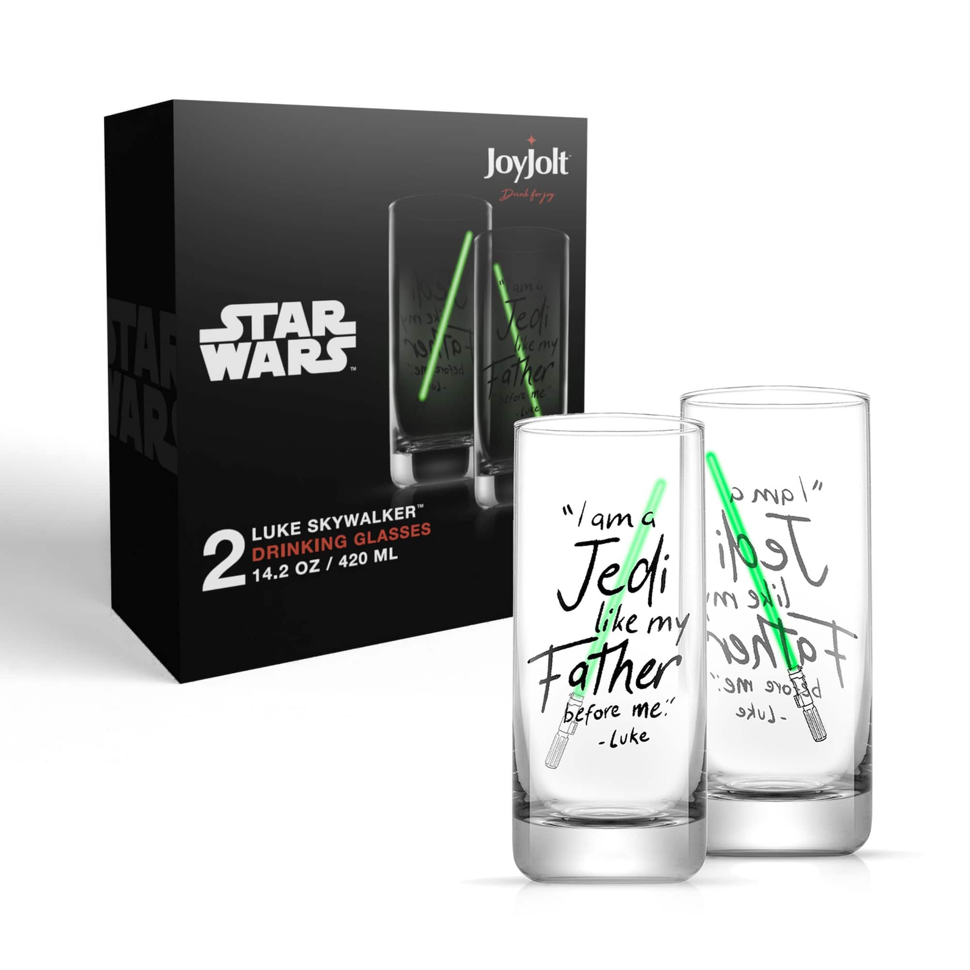 JoyJolt® Star Wars™ 14.2oz. New Hope Luke Skywalker Green Lightsaber Tall Drinking Glass, 2ct.